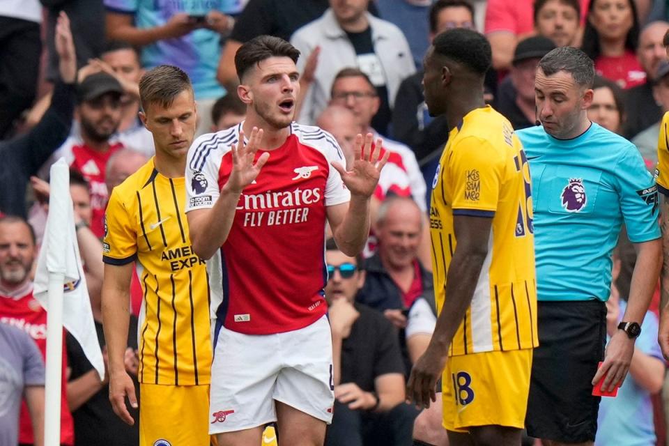 Declan Rice was given a red card by referee Chris Kavanagh in Arsenal’s 1-1 draw with Brighton (AP)