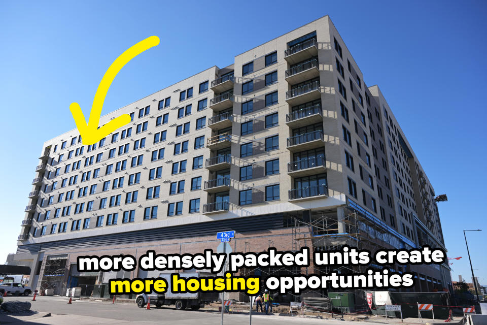 New apartment building, the title reads: "Denser units create more housing opportunities"