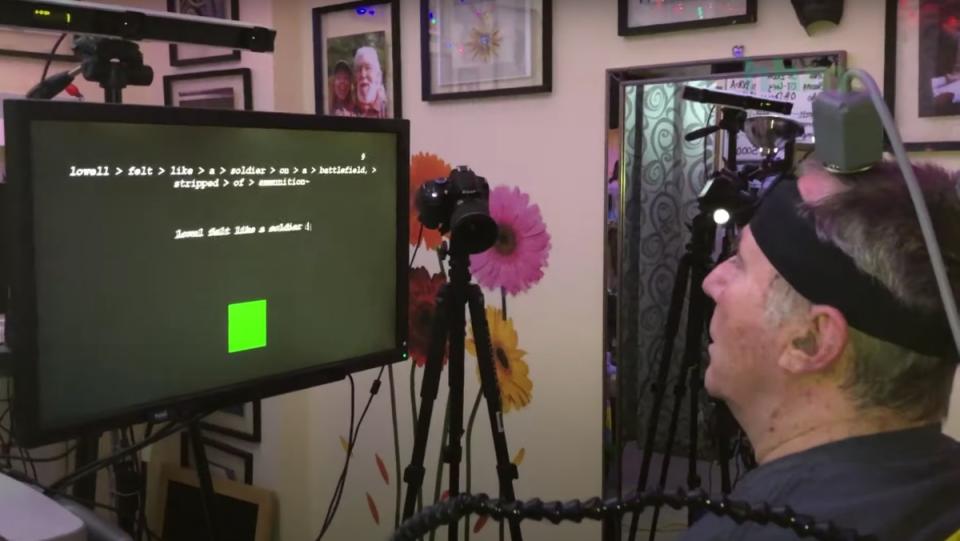 A paralyzed man uses a brain computer interface (or BCI) to translate neurological signals into letters on a screen.