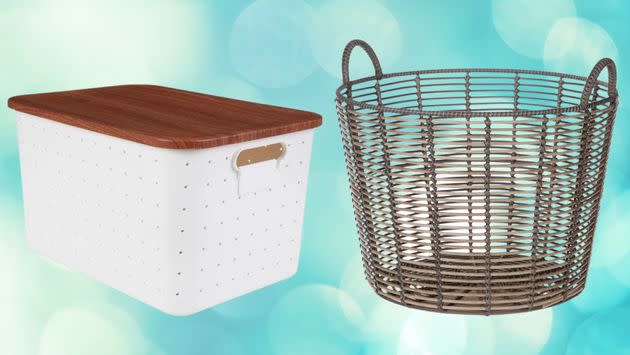 Plastic storage bin and rattan basket