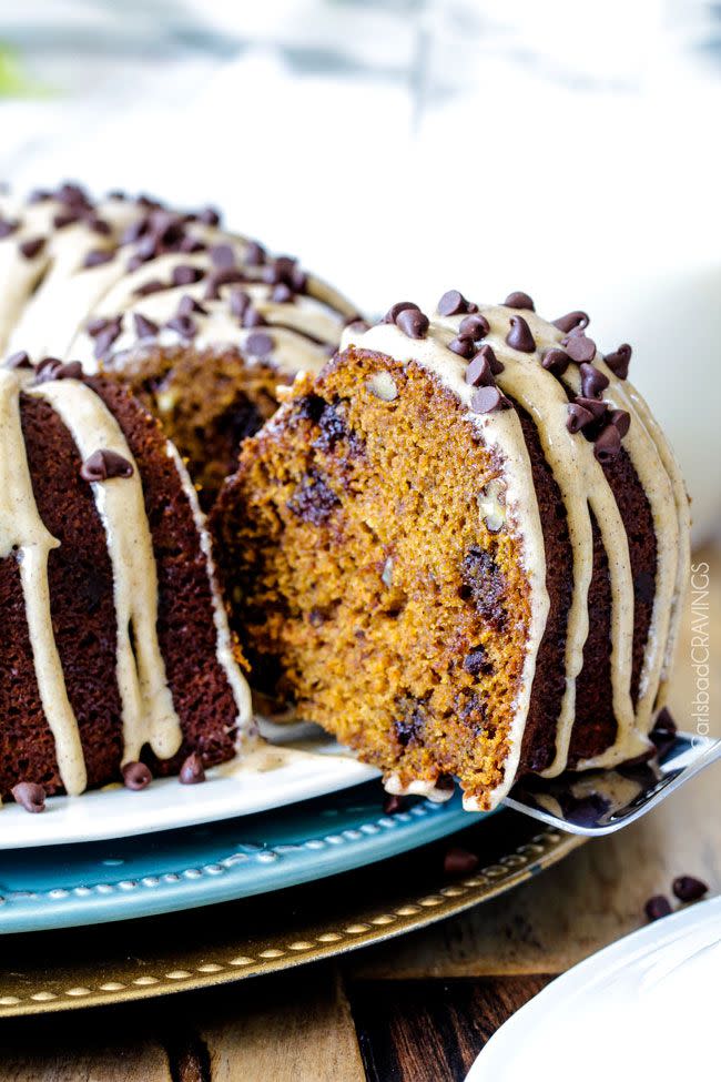 <p>This cake seriously has it all. With a hint of chocolate thanks to the chips, this cake is also glazed with a cinnamon pumpkin cream cheese. We'll have two slices, please. </p><p><strong><em>Get the recipe at <a href="http://www.carlsbadcravings.com/chocolate-chip-pumpkin-pound-cake-with-cinnamon-pumpkin-cream-cheese-glaze/" rel="nofollow noopener" target="_blank" data-ylk="slk:Carlsbad Cravings;elm:context_link;itc:0;sec:content-canvas" class="link ">Carlsbad Cravings</a>.</em></strong></p>