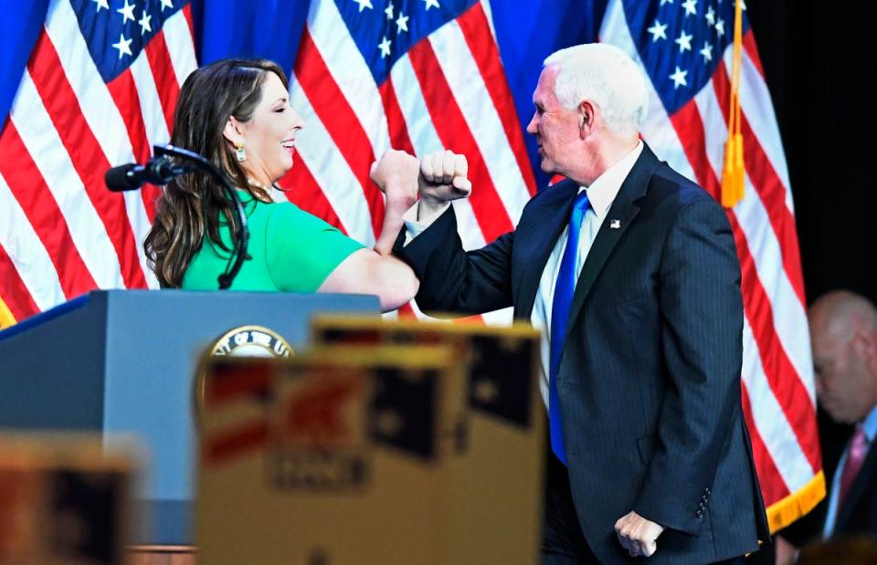 McDaniel greets Vice President Mike Pence on the first day of the Republican National Convention at the Charlotte Convention Center in August 2020 (Getty Images)