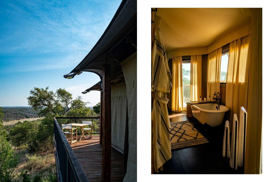 Suite deck and bathroom with clawfoot tub at Walden Retreats near Johnson City, Texas