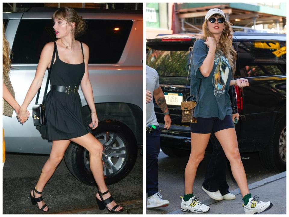 Taylor Swift wearing a short black jess with a belt on the left; Taylor Swift wearing an oversized T-shirt and bike shorts on the right.
