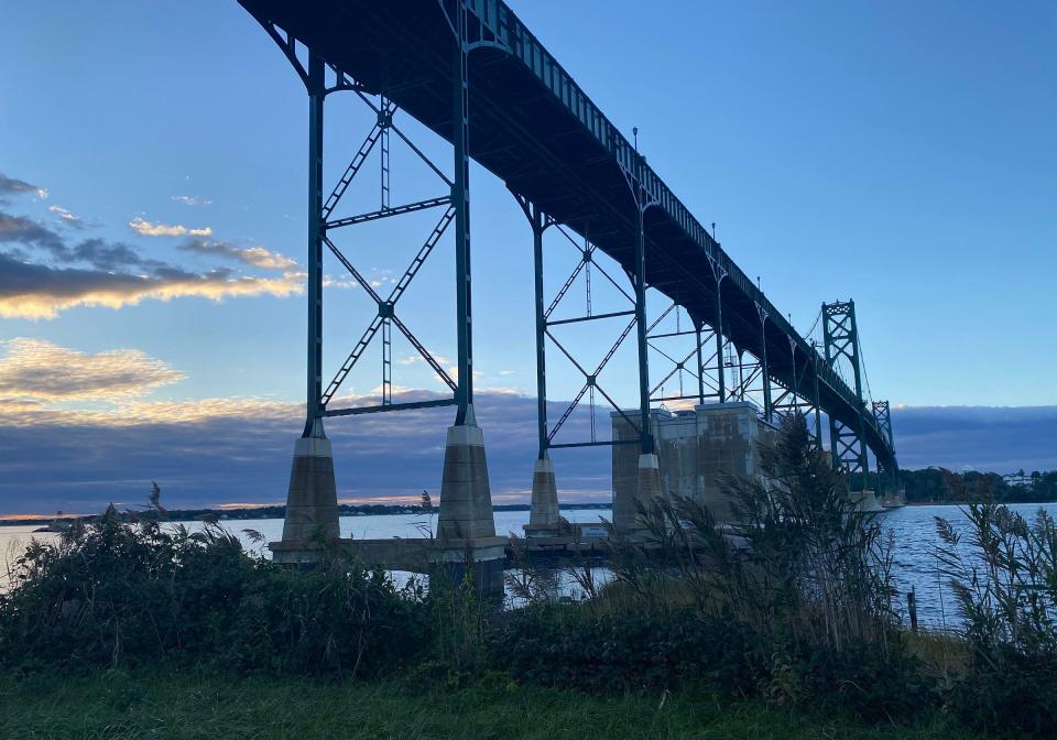 A view from under the Mount Hope Bridge as the sun sets