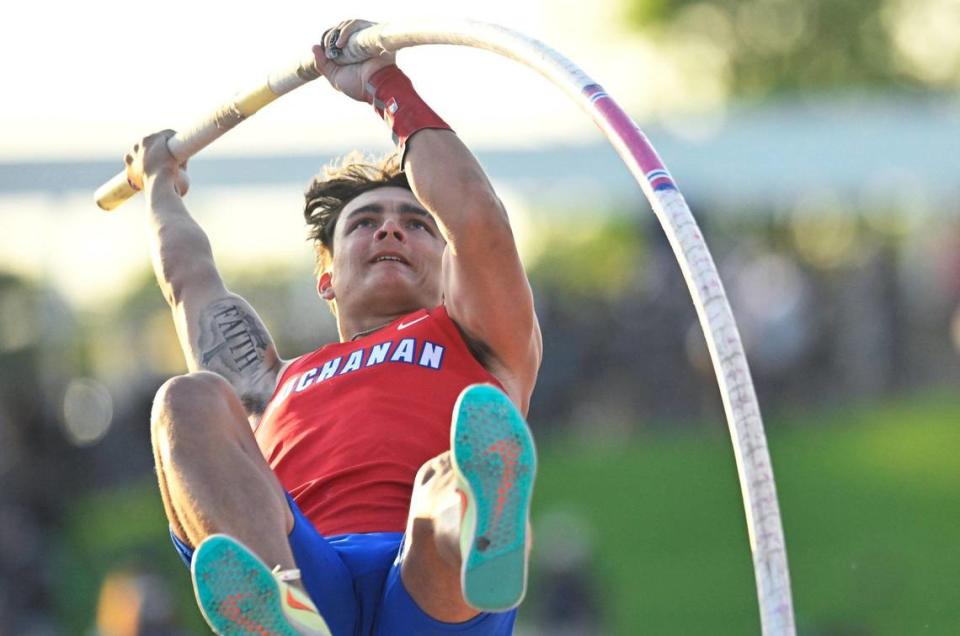 Buchanan’s Hilton Green in the Boys Pole Vault at the 2023 CIF California Track & Field State Championship qualifiers Friday, May 26, 2023 in Clovis.