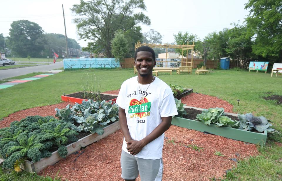 Jerjuan Howard at the Umoja Village on Thursday June 29, 2023. Howard has repurposed this lot on the corner of Stansbury and Puritan that includes a stage for activities like yoga and several raised bed gardens full of vegetables he hopes to give to neighbors and educate local youths about growing their own food and sitting areas for people to gather and talk about community issues.