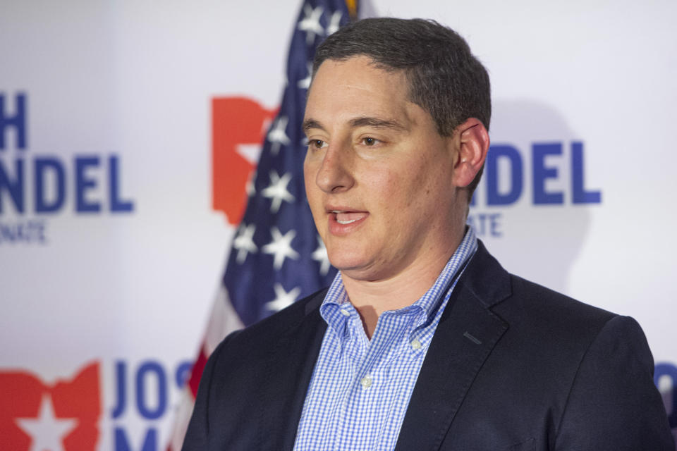 U.S. Senate Republican candidate Josh Mandel, concedes to opponent JD Vance Tuesday, May 3, 2022, in Beachwood, Ohio. (AP Photo/Phil Long)