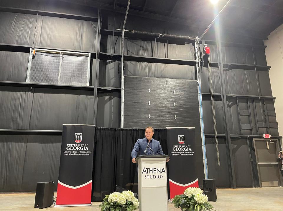 Athena Studios CEO Joel Harber speaks at a dedication ceremony in Athens, Georgia on Nov. 4, 2022. The studio has provided a 14,600-square-foot sound stage to the University of Georgia and the Georgia Film Academy for its students’ exclusive use.