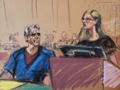 Annie Farmer speaks as Jeffrey Epstein looks on during a a bail hearing in U.S. financier Jeffrey Epstein's sex trafficking case, in this court sketch in New York