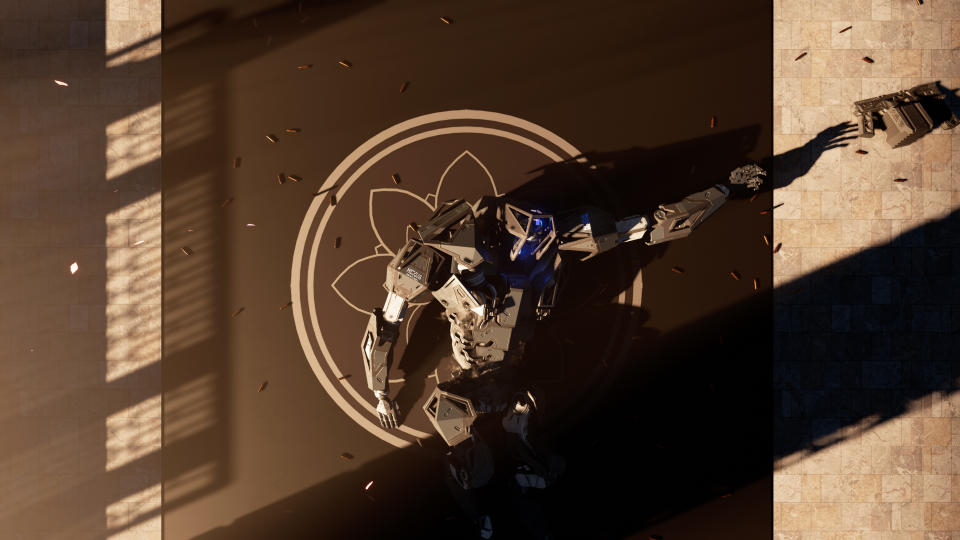 In Den of Wolves, a combat mech lies atop a corporate logo on the ground, with spent bullet casings littered around it.