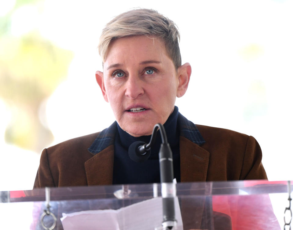  Ellen DeGeneres speaks as Pink is honored with a star on The Hollywood Walk Of Fame on February 05, 2019 