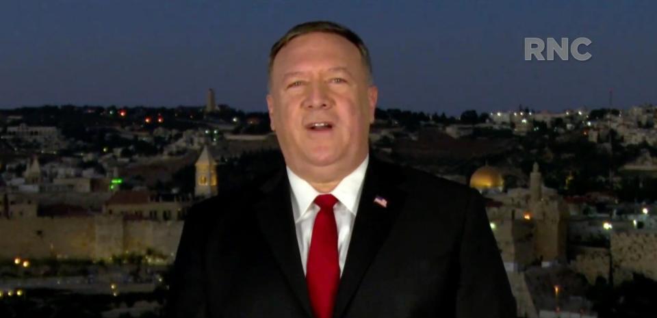 Secretary of State Mike Pompeo, speaks from Jerusalem during the Republican National Convention at the Mellon Auditorium in Washington, D.C., Tuesday, Aug. 25, 2020.