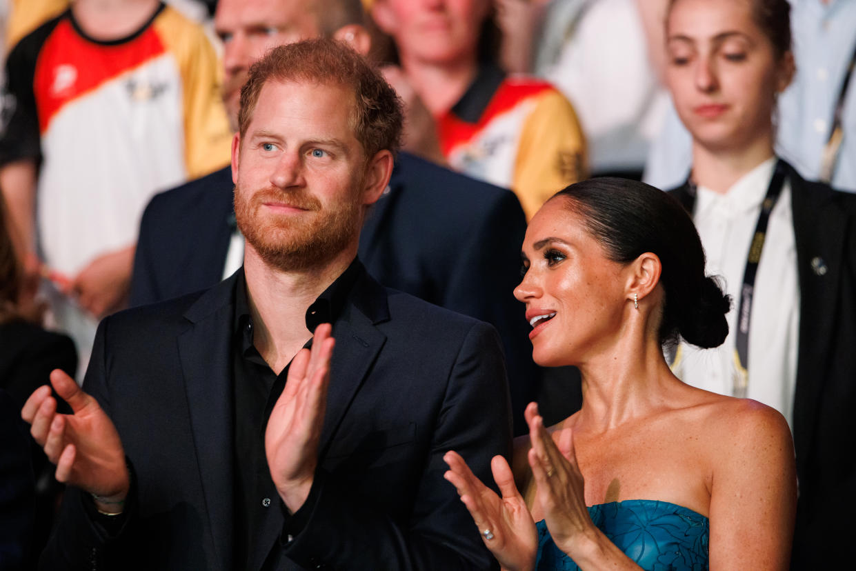 DUSSELDORF, GERMANY - SEPTEMBER 16: Prince Harry, Duke of Sussex and Meghan, Duchess of Sussex are seen during the closing ceremony of the Invictus Games Düsseldorf 2023 at Merkur Spiel-Arena on September 16, 2023 in Duesseldorf, Germany. (Photo by Joshua Sammer/Getty Images)