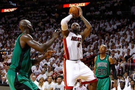 Miami Heat's LeBron James attempts a shot during the game against the Boston Celtics on May 28. James scored in 32 points as Miami drew first blood in the NBA Eastern Conference Finals with a 93-79 victory over Boston