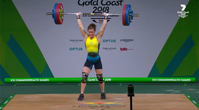 Toomey's clean-and-jerk PB of 114kg clinched a winning total of 201kg was dedicated to her cousin Jade who died in a car crash last week. Source: Channel 7