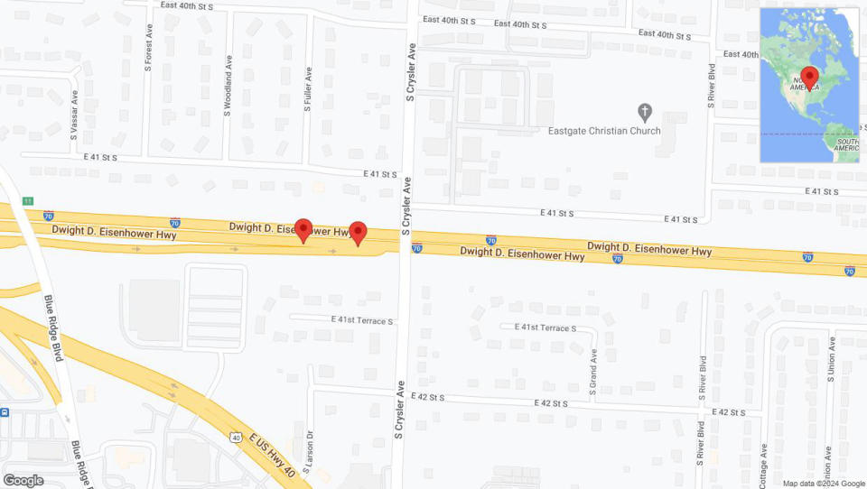 A detailed map that shows the affected road due to 'Broken down vehicle on eastbound I-70 in Independence' on July 16th at 6:08 p.m.