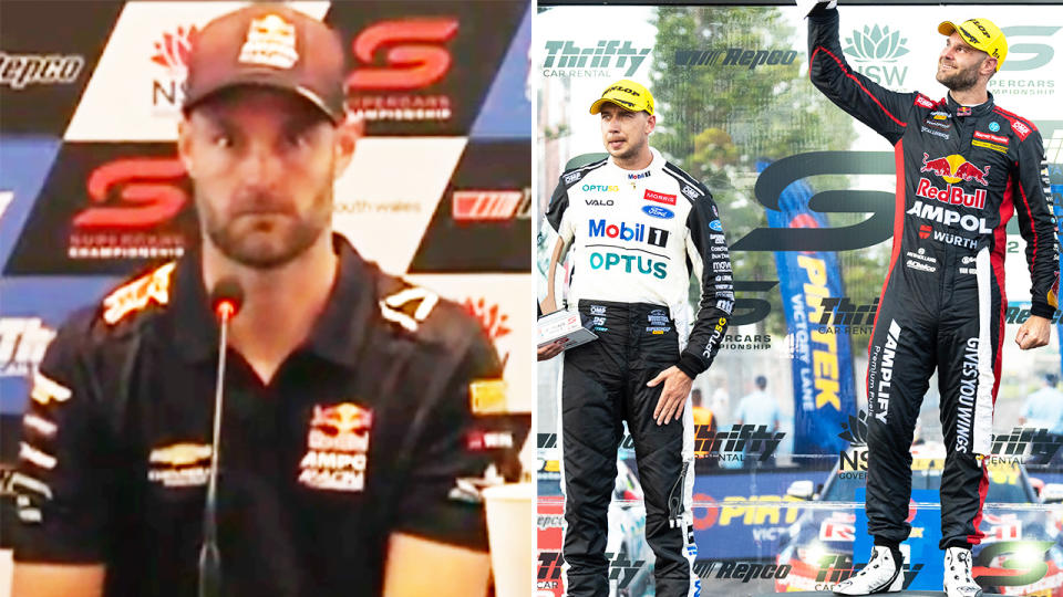 Shane van Gisbergen, pictured here refusing to answer questions about the Supercars controversy.