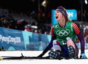 <p>Jessica Diggins of the United States reacts as she wins gold during the Cross Country Ladies’ Team Sprint Free Final on day 12 of the PyeongChang 2018 Winter Olympic Games at Alpensia Cross-Country Centre on February 21, 2018 in Pyeongchang-gun, South Korea. (Photo by Lars Baron/Getty Images) </p>
