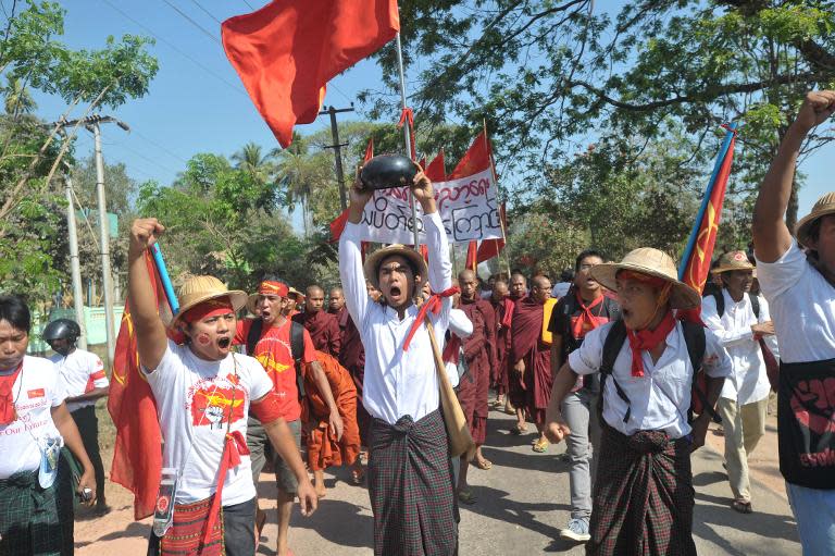 Myanmar students and Buddhist monks protest in Letpadan town, north of Yangon on March 3, 2015