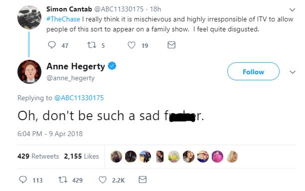 The Chaser’s Anne Hegerty destroyed one homophobic Twitter user. (Twitter)