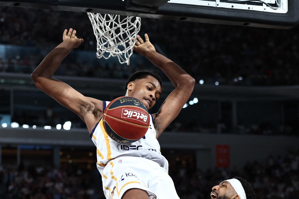 Metropolitan 92's French forward Bilal Coulibaly Dunks the ball during the game three of French Elite basketball finals between Monaco and Boulogne-Levallois Metropolitans 92 in Paris, on June 15, 2023. (Photo by Anne-Christine POUJOULAT / AFP) (Photo by ANNE-CHRISTINE POUJOULAT/AFP via Getty Images)