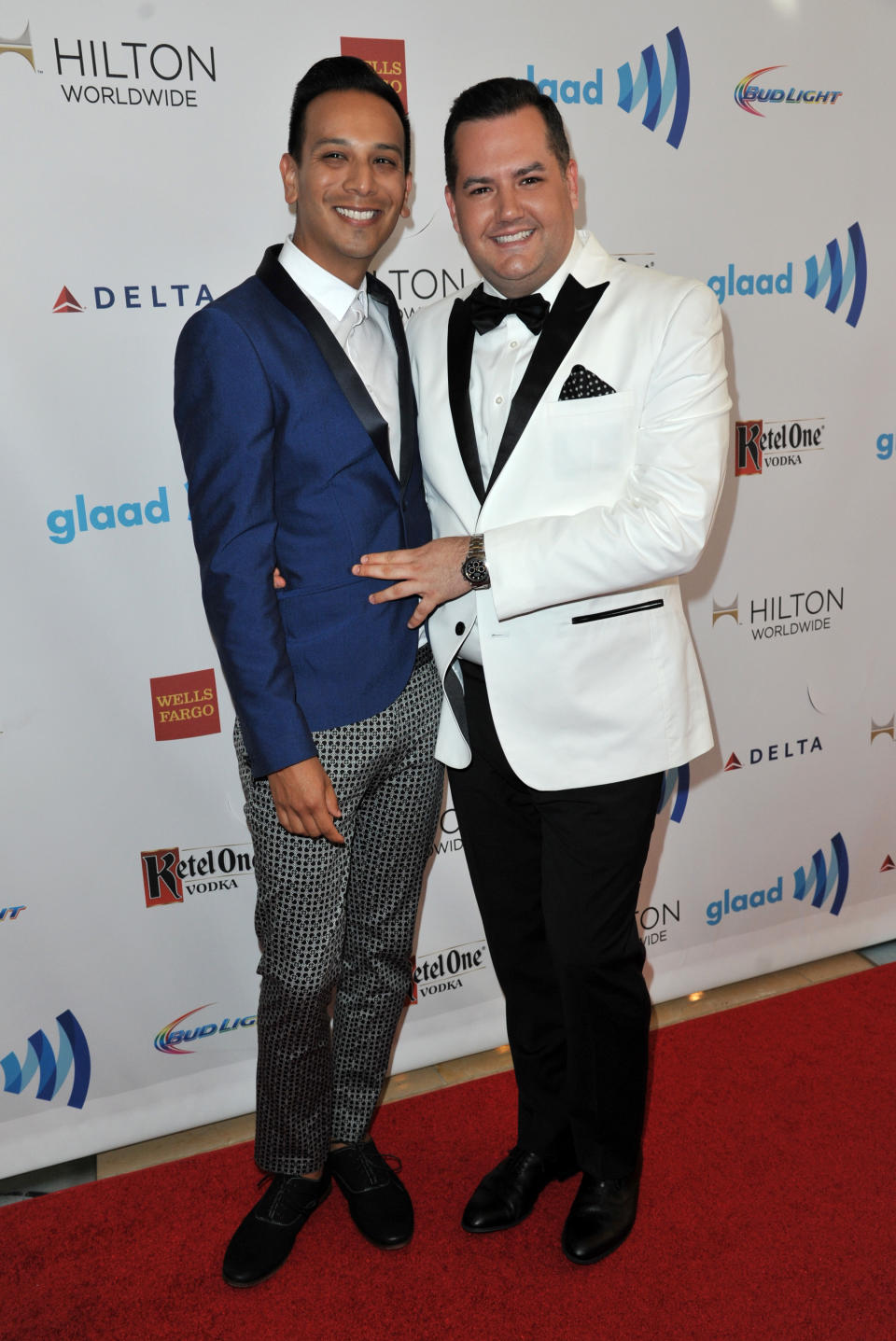 Salvador Camarena, left, and Ross Mathews arrive at the 25th Annual GLAAD Media Awards on Saturday, April 12, 2014. (Richard Shotwell/Invision/AP)