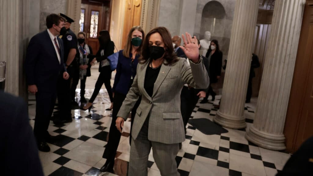 U.S. Vice President Kamala Harrus departs the Senate Chambers after presiding over a procedural vote on ending the voting rights legislation debate process at the U.S. Capitol Building January 19, 2022 in Washington, DC. (Photo by Anna Moneymaker/Getty Images)