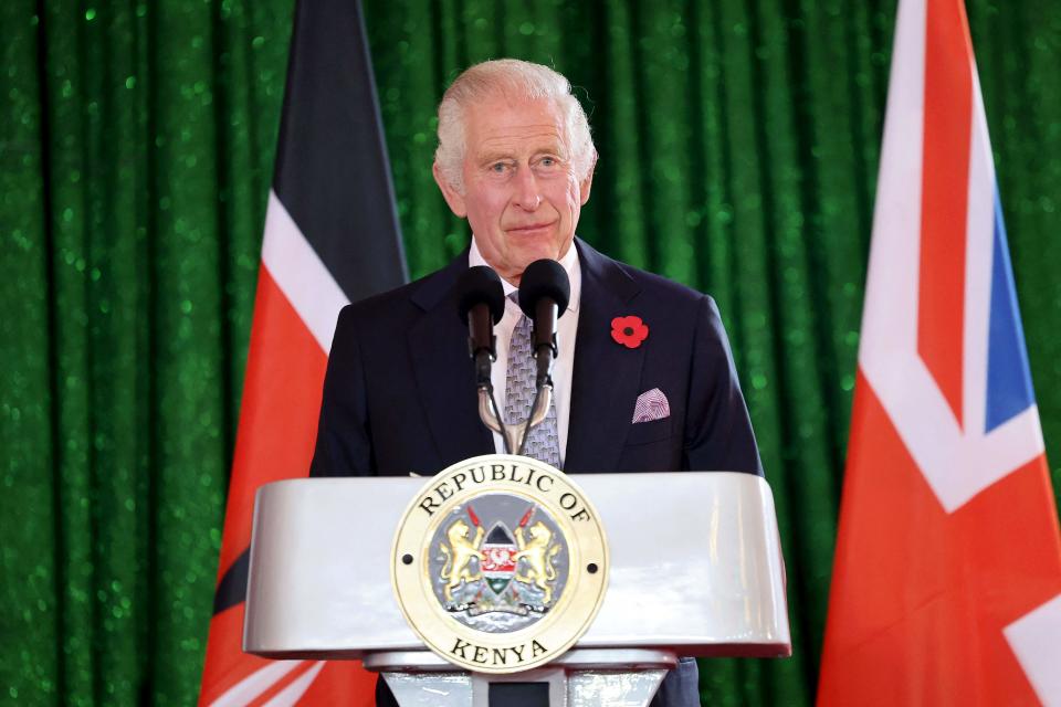 King Charles III delivers a speech during the State Banquet hosted by Kenyan President William Ruto at the State House in Nairobi, Kenya on Oct. 31, 2023.