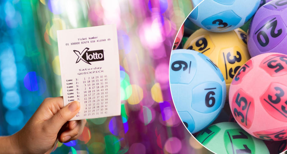 Saturday's Lotto winning ticket is held up in front of a multicoloured streamer background (left) and lottery balls are together on the right. 