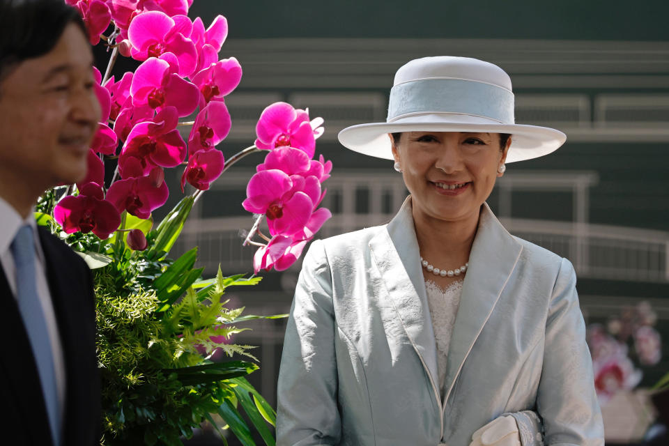 Japan's Empress Masako, right, and Emperor Naruhito react during their visit to Bogor Botanical Gardens in Bogor, Indonesia, Monday, June 19, 2023. (Willy Kurniawan/Pool Photo via AP)