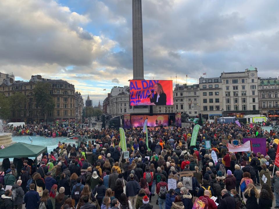 Sian Berry addresses the crowd at Trafalgar Square. (Emily Atkinson/ The Independent)