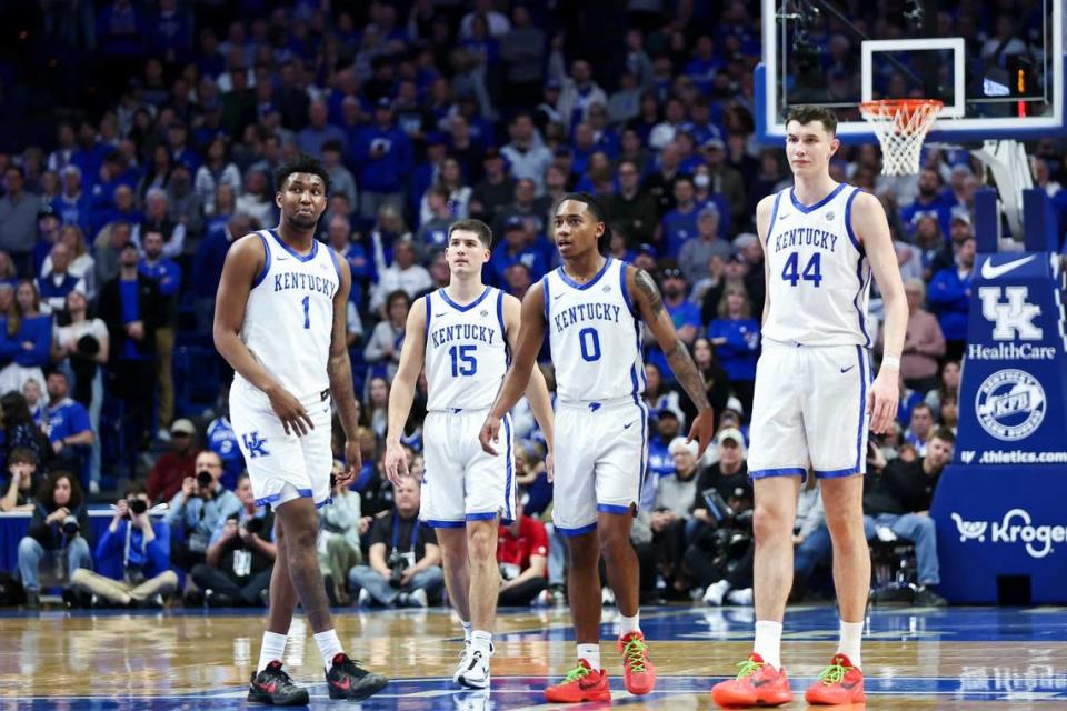 Kentucky freshmen, from left, Justin Edwards, Reed Sheppard, Rob Dillingham and Zvonimir Ivisic will try to help the Wildcats return to the Final Four this season.
