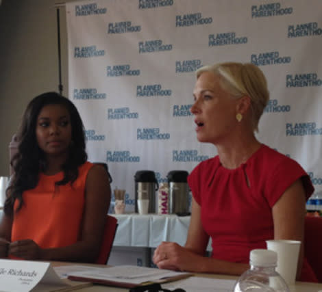 Activist and actor Gabrielle Union and Planned Parenthood president Cecile Richards speaking at Planned Parenthood's NYC headquarters on August 20, 2012.