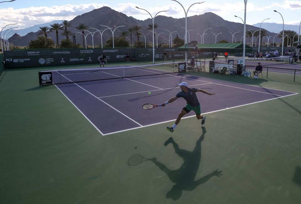 Tennys Sandgren hits a shot during his match against Trevor Svajda during the USTA Southern California Open at the Indian Wells Tennis Garden, Jan. 23, 2024.