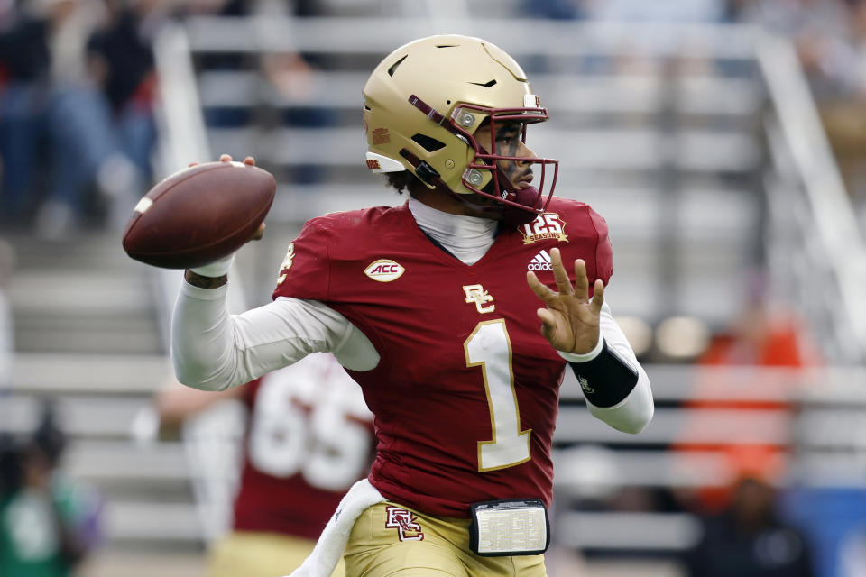 Boston College quarterback Thomas Castellanos (1) looks to pass during the first half of an NCAA college football game against Virginia, Saturday, Sept. 30, 2023, in Boston. (AP Photo/Michael Dwyer)