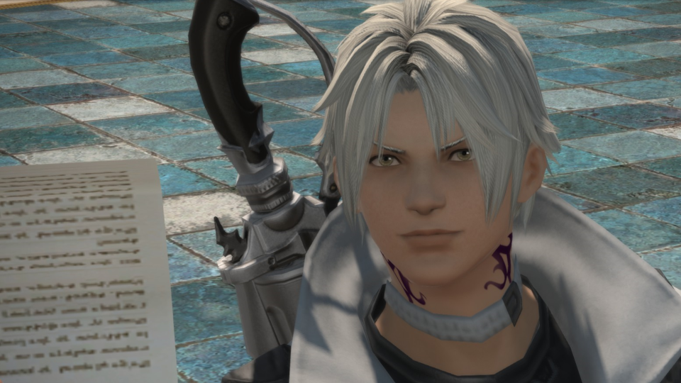Thancred, a character from Final Fantasy 14, looks directly into the camera as if he were on the Eorzean Office.