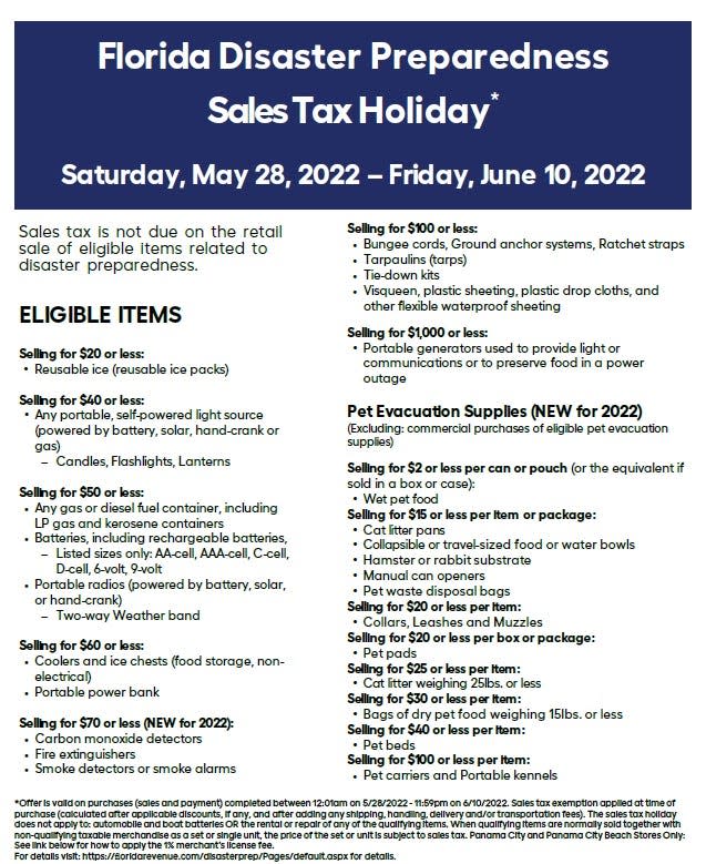 A sales tax holiday on disaster preparedness items is running through June 22 in Florida.