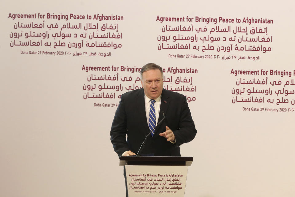 Secretary of State Mike Pompeo speaks during the agreement signing between Taliban and U.S. officials in Doha, Qatar, Saturday, Feb. 29, 2020. The United States is poised to sign a peace agreement with Taliban militants on Saturday aimed at bringing an end to 18 years of bloodshed in Afghanistan and allowing U.S. troops to return home from America's longest war. (AP Photo/Hussein Sayed)