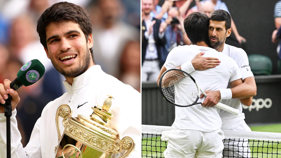 Seen here, Carlos Alcaraz and Novak Djokovic after the Wimbledon men's final. 