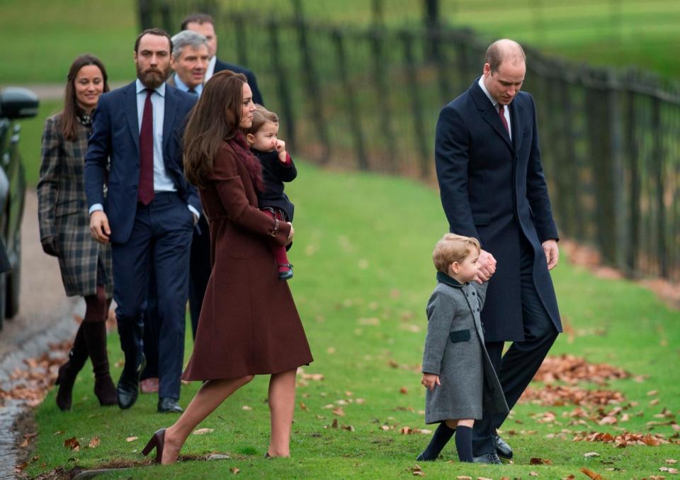 PHOTO: Prince William, Duke of Cambridge, Catherine, Duchess of Cambridge, Prince George of Cambridge, Princess Charlotte of Cambridge, Pippa Middleton and James Middleton attend Church on Christmas Day, Dec. 25, 2016, in Bucklebury, Berkshire, England.  (Samir Hussein/WireImage/Getty Images)