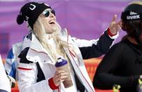 Alpine Skiing - Pyeongchang 2018 Winter Olympics - Women’s Downhill Training - Jeongseon Alpine Centre - Pyeongchang, South Korea - February 19, 2018 - Lindsey Vonn of the U.S. laughs in the finish area. REUTERS/Mike Segar