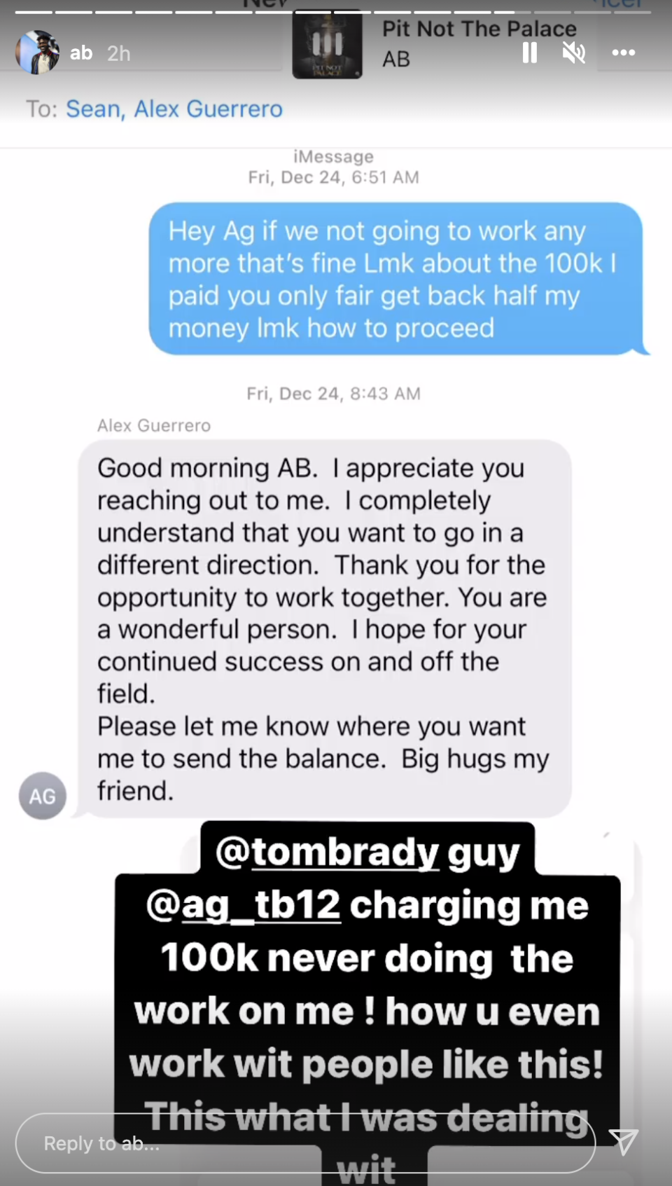 Antonio Brown called out Tom Brady and Alex Guerrero in a post on Instagram. (Image via @AB on Instagram)