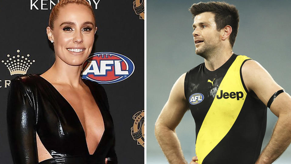 Brooke Cotchin (pictured left) posting for a photo and Trent Cotchin (pictured right) looking frustrated.