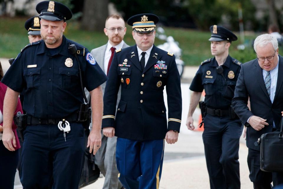 Eugene Vindman’s brother, Alexander Vindman, arrives to give evidence at the impeachment hearings into the conduct of Donald Trump (EPA)