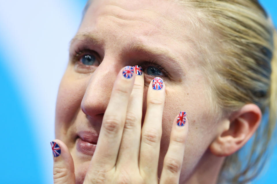Bronze medallist Rebecca Adlington shows her emotion on the podium during the medal ceremony for the Women's 800m Freestyle. (Getty Images)