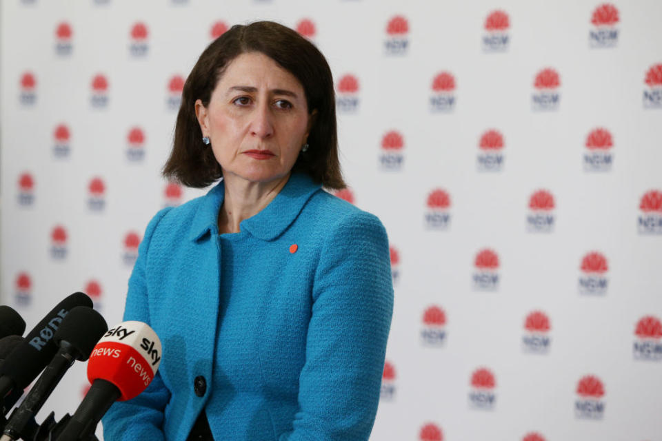 NSW Premier Gladys Berejiklian takes questions during a COVID-19 update and press conference in Sydney, Australia.