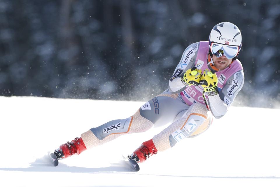 Norway's Aleksander Aamodt Kilde skis during a Men's World Cup super-G skiing race Friday, Dec. 6, 2019, in Beaver Creek, Colo. (AP Photo/Robert F. Bukaty)
