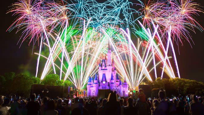 Fireworks lit up above Cinderella Castle in Magic Kingdom at Walt Disney World