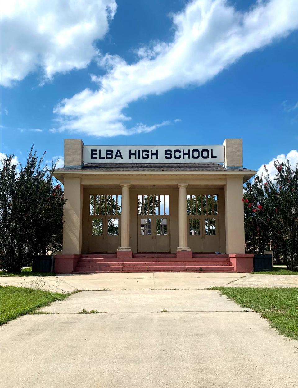 After Elba High School in Elba, Alabama, was destroyed in a flood, community members saved the front steps and entrance, shown here on June 27, 2023. This section of the school stands today as a park entrance.